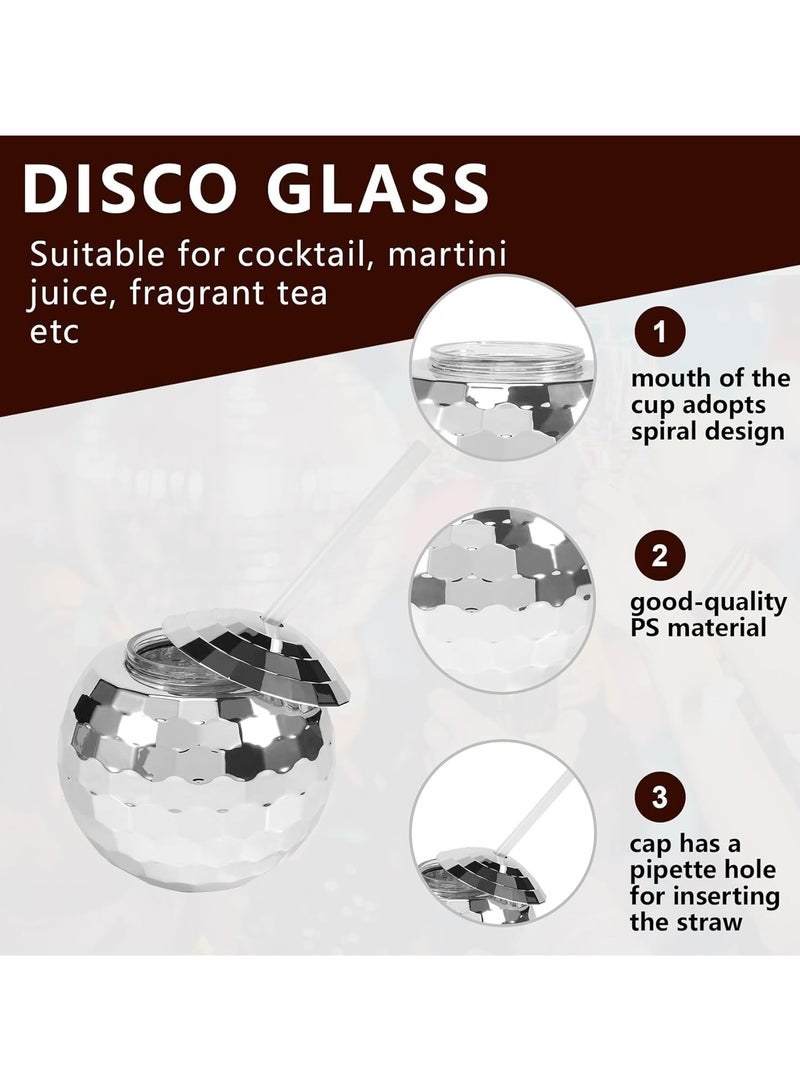 Set of 4 Silver Disco Ball Tumblers with Lids and Straws