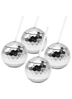 Oasisgalore Set of 4 Silver Disco Ball Tumblers with Lids and Straws  - Image 1