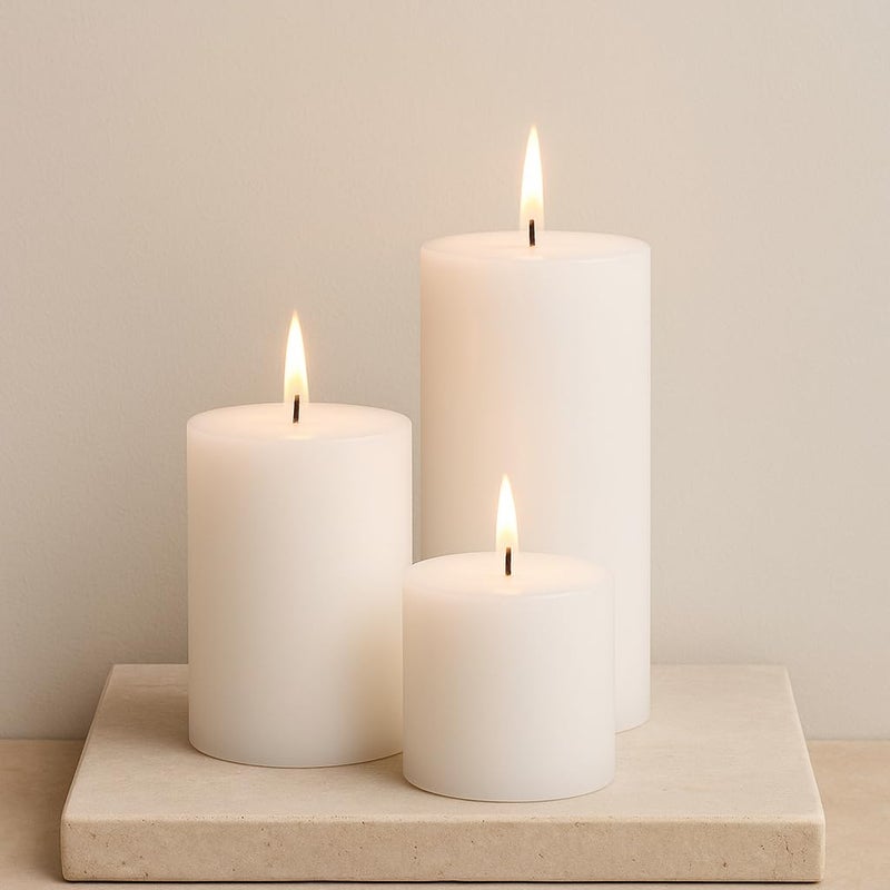 AURA DECOR AuraDecor Unscented Pillar Candle Set of 3 | Votive Candles for Home Decor | Diwali Decoration Long Burning, Smokeless, Dripless | Parraffin Wax (3x3, 3x4, 4x6 Inches) - Image 5