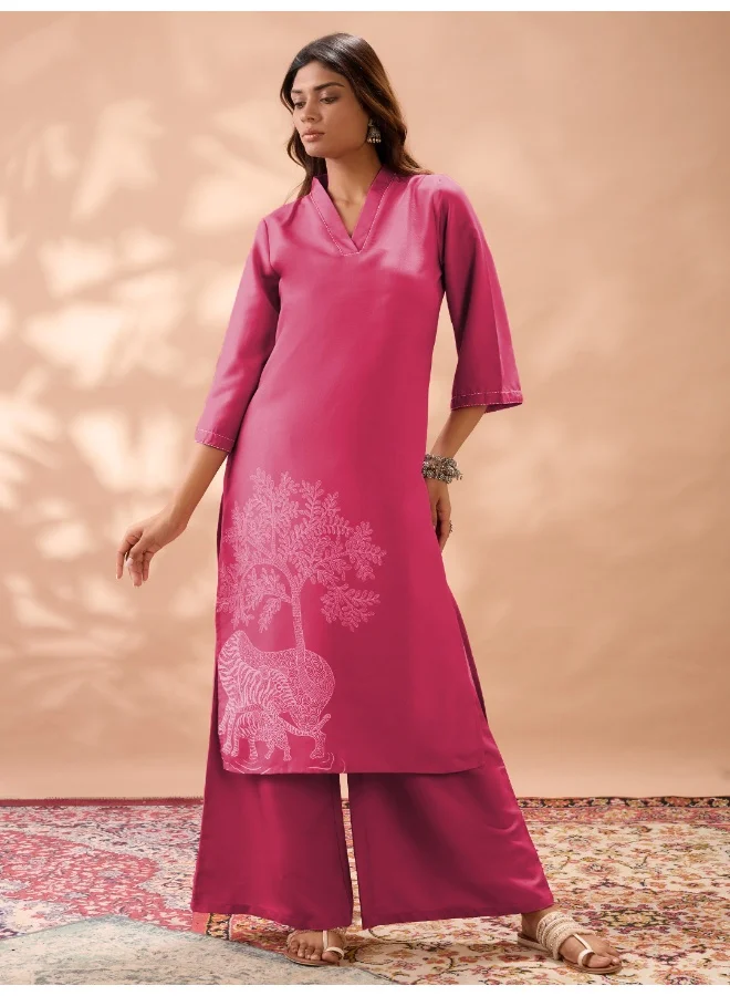 Women Pink Gond Animal Print V-Neck Bell Sleeves Straight Kurta & Wide Leg Pant Set