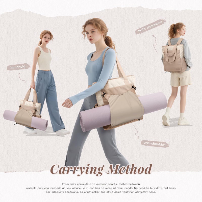 GOLF SUPAGS Convertible Laptop Backpack Yoga Sports Bag Quilted Tote Bag, Yoga Mat Carrier Bag for Travel, Fitness, Office and Shopping (Gravel Brown & Beige) - Image 2