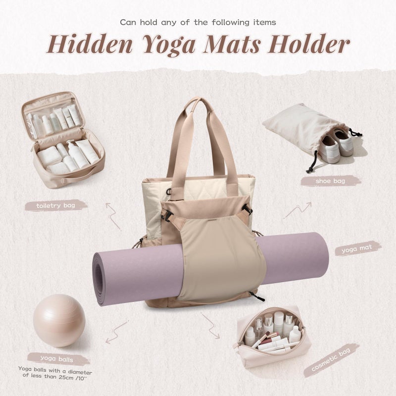 GOLF SUPAGS Convertible Laptop Backpack Yoga Sports Bag Quilted Tote Bag, Yoga Mat Carrier Bag for Travel, Fitness, Office and Shopping (Gravel Brown & Beige) - Image 4