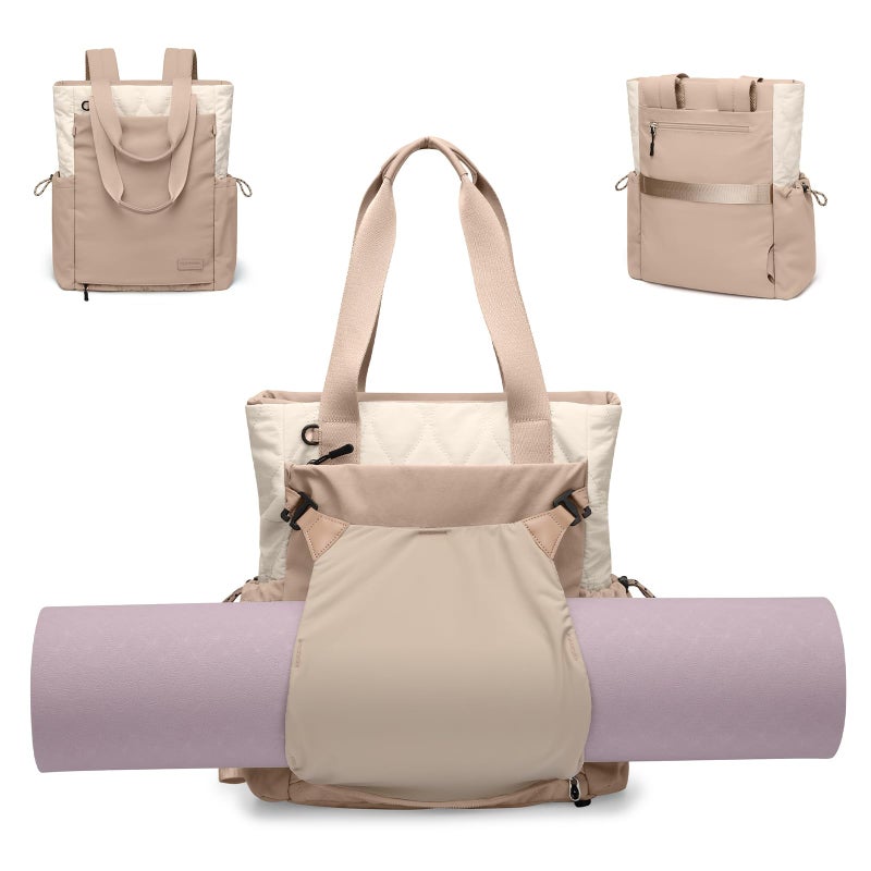 GOLF SUPAGS Convertible Laptop Backpack Yoga Sports Bag Quilted Tote Bag, Yoga Mat Carrier Bag for Travel, Fitness, Office and Shopping (Gravel Brown & Beige) - Image 1