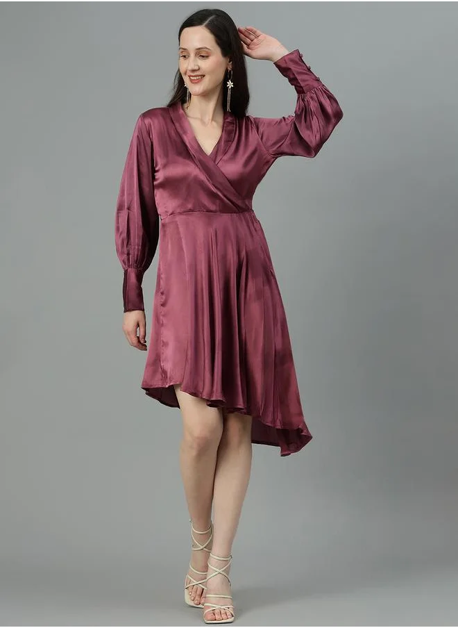 Kotty Satin Knee Length Dress with Asymmetric Hem