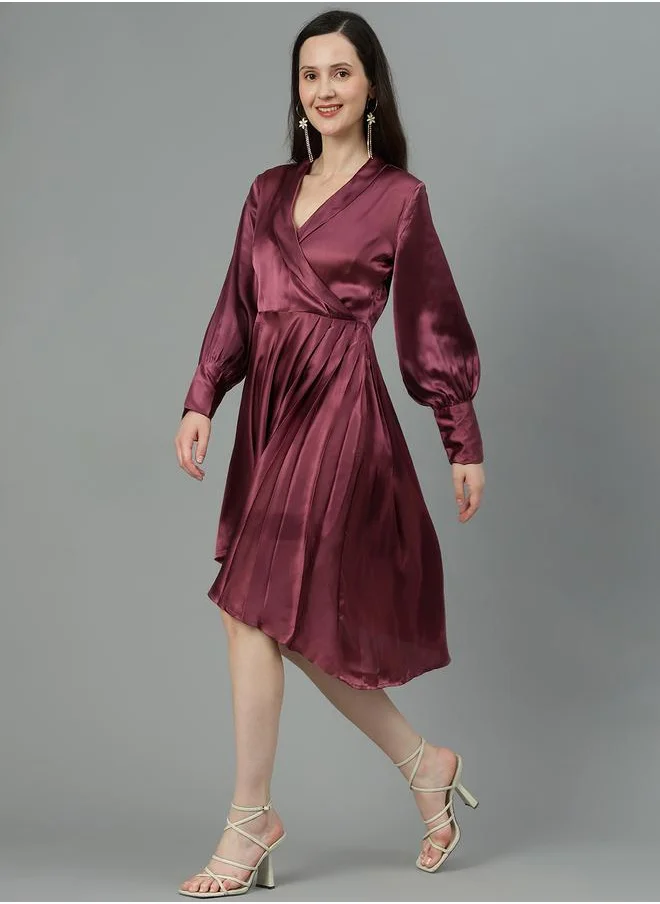 Kotty Satin Knee Length Dress with Asymmetric Hem