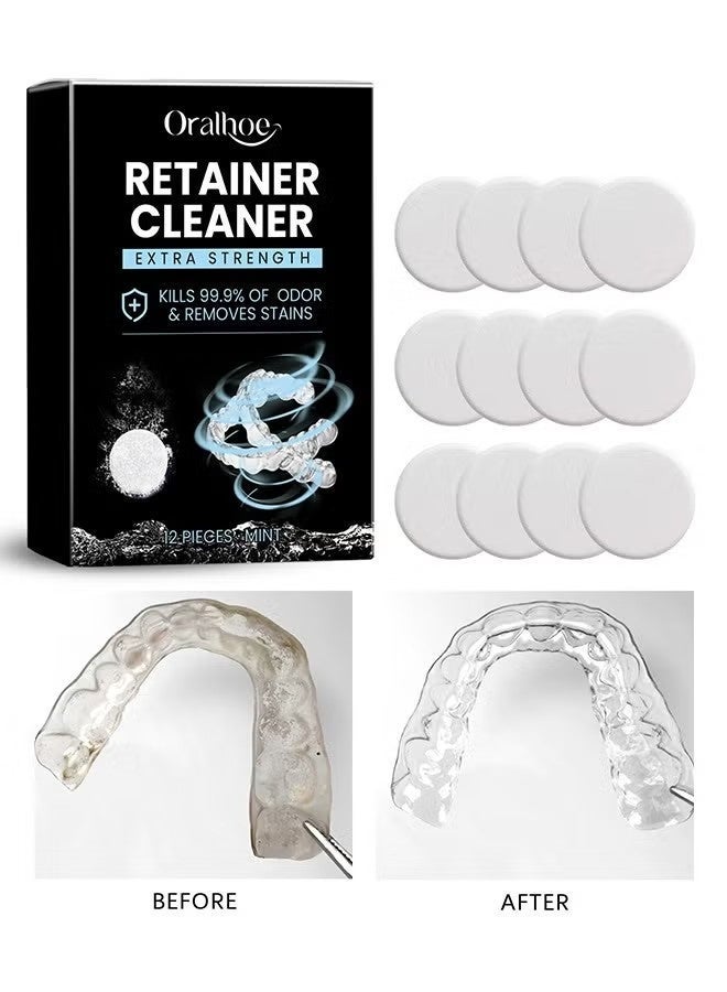 أورالحوي أقراص تنظيف المثبتات - ١٢ قرصًا لتنظيف أطقم الأسنان ومنظف أجهزة التقويم - يزيل الروائح والبقع - لأجهزة التقويم، وأجهزة التقويم، وأطقم الأسنان، وواقيات الأسنان الليلية - بنكهة النعناع - Image 1