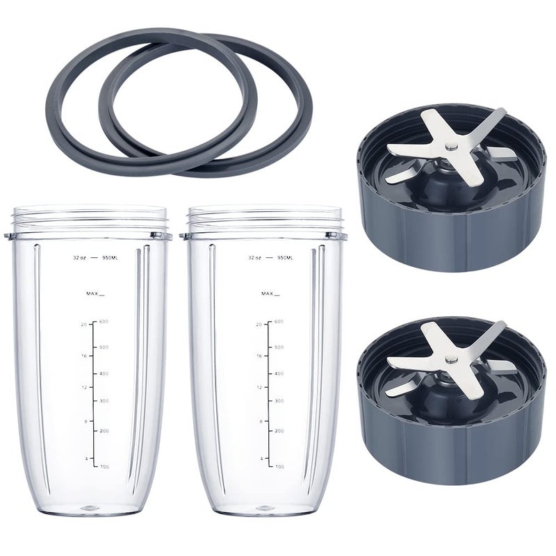 Replacement Parts for Nutribullet 32OZ Cups 2Pcs and 2 Rubber Gaskets 2Pcs Replacement Extractor Blade Compatible with NutriBullet 600W900W Blenders 6 PCS