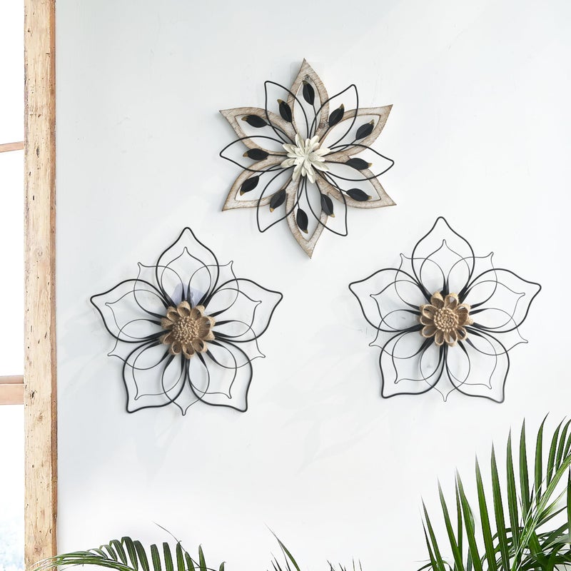 Remenna Metal Flowers Wall Decor, Metal Rustic Wall Art Decoration Farmhouse Wall Decorations Multiple Floral Hanging Decor for Bathroom Living Room Home Office Garden Kitchen (white & blue) - Image 3