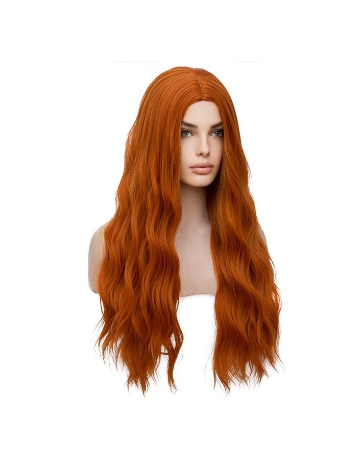 بيرون باروكات بيرون باروكة شعر برتقالية طويلة ومموجة للنساء، شعر صناعي مجعد مقاوم للحرارة للاستخدام اليومي مع غطاء شعر مستعار - Image 3
