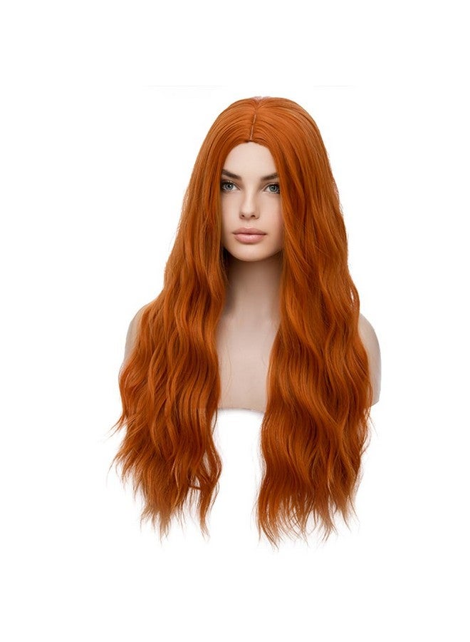 بيرون باروكات بيرون باروكة شعر برتقالية طويلة ومموجة للنساء، شعر صناعي مجعد مقاوم للحرارة للاستخدام اليومي مع غطاء شعر مستعار - Image 2