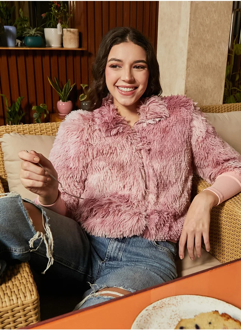 كامبوس سوترا Women's Rouge Pink Shaggy Faded Jacket