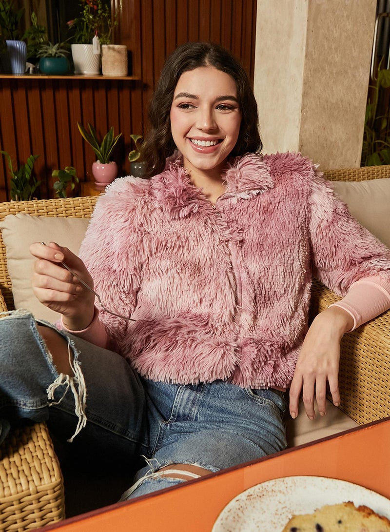 كامبوس سوترا Women's Rouge Pink Shaggy Faded Jacket  - Image 1