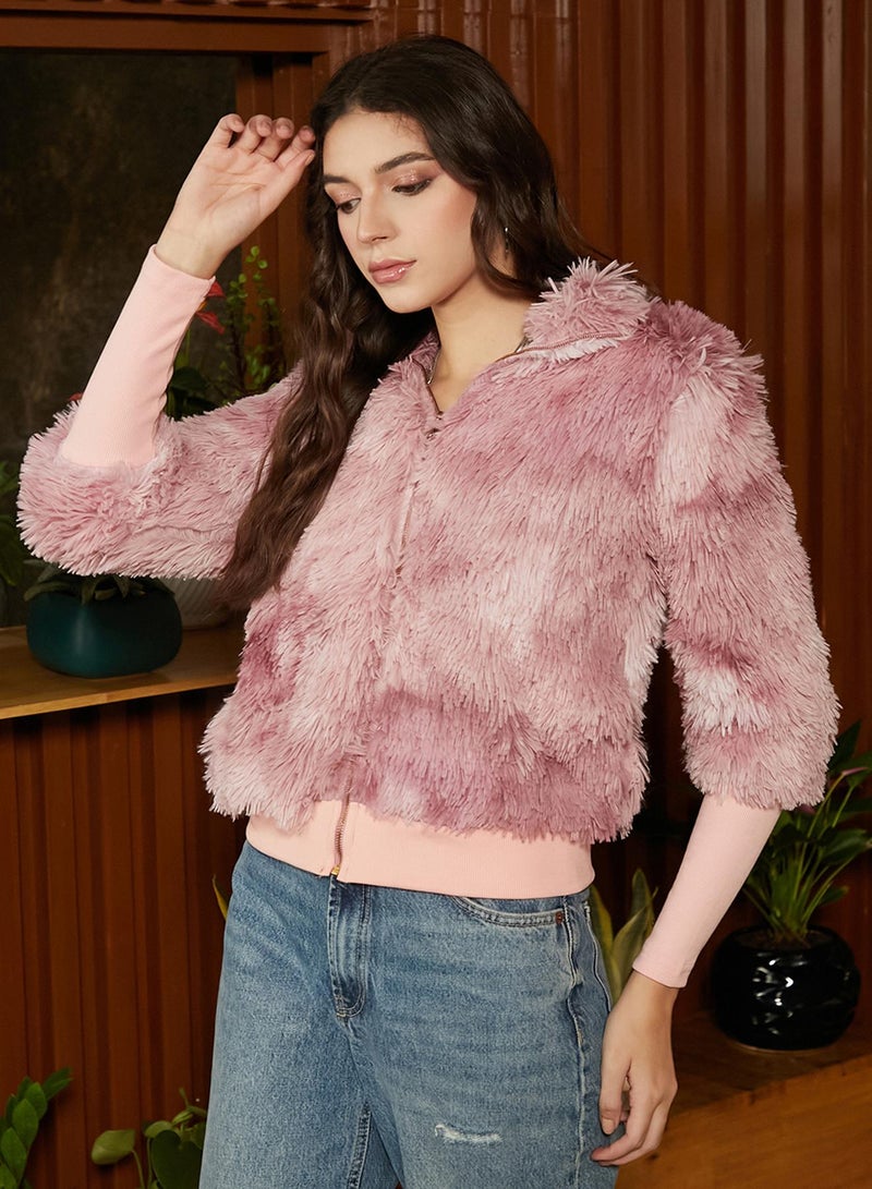 كامبوس سوترا Women's Rouge Pink Shaggy Faded Jacket  - Image 3