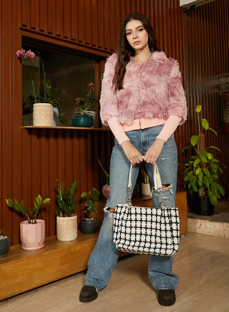Campus Sutra Women's Rouge Pink Shaggy Faded Jacket