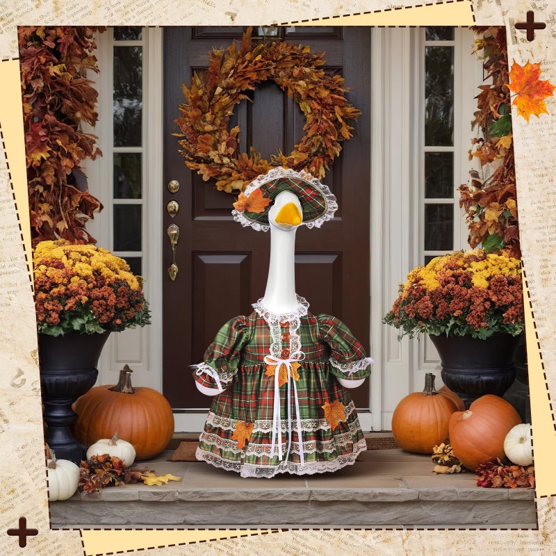 Suzile Fall Plaid Goose Outfit Autumn Dresses Clothes For 23"" High Cement Or Plastic Porch Goose Costume For Yard Lawn Outdoor Garden Patio Statue Thanksgiving Day Xmas Holiday Decor - Image 5