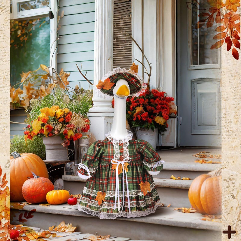 Suzile Fall Plaid Goose Outfit Autumn Dresses Clothes For 23"" High Cement Or Plastic Porch Goose Costume For Yard Lawn Outdoor Garden Patio Statue Thanksgiving Day Xmas Holiday Decor - Image 3