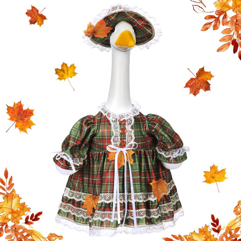 Suzile Fall Plaid Goose Outfit Autumn Dresses Clothes For 23"" High Cement Or Plastic Porch Goose Costume For Yard Lawn Outdoor Garden Patio Statue Thanksgiving Day Xmas Holiday Decor - Image 1