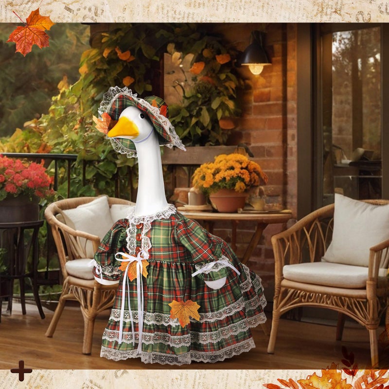 Suzile Fall Plaid Goose Outfit Autumn Dresses Clothes For 23"" High Cement Or Plastic Porch Goose Costume For Yard Lawn Outdoor Garden Patio Statue Thanksgiving Day Xmas Holiday Decor - Image 4