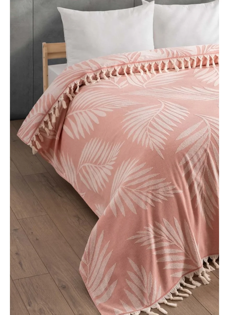Sevim 100% Cotton Double Tasseled Towel Blanket - Fringed Curl & Palm Tree Patterned Bedspread - Colorful Salmon Color Scarf
