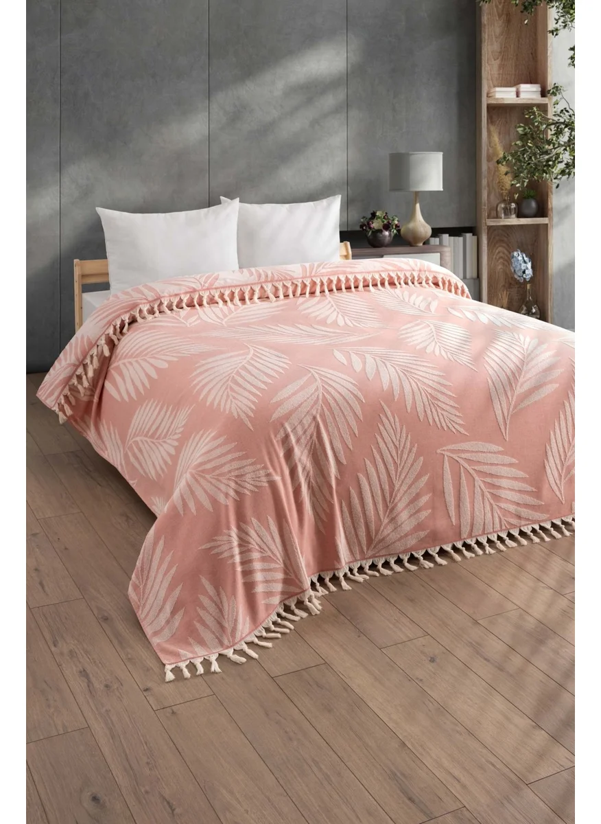 Sevim 100% Cotton Double Tasseled Towel Blanket - Fringed Curl & Palm Tree Patterned Bedspread - Colorful Salmon Color Scarf