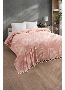 100% Cotton Double Tasseled Towel Blanket - Fringed Curl & Palm Tree Patterned Bedspread - Colorful Salmon Color Scarf
