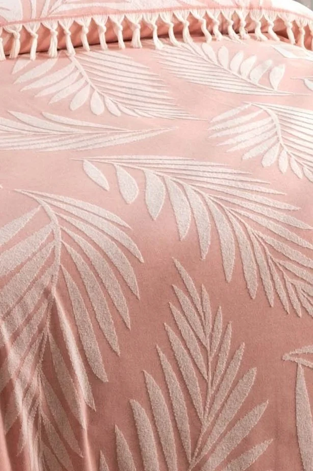 سيفيم 100% Cotton Double Tasseled Towel Blanket - Fringed Curl & Palm Tree Patterned Bedspread - Colorful Salmon Color Scarf