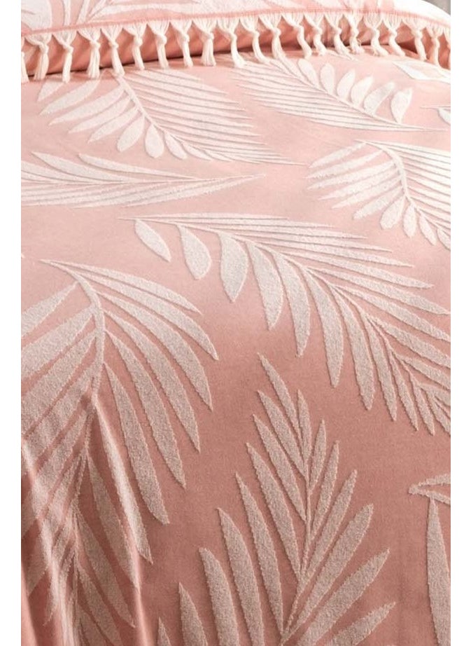 Sevim - 100% Cotton Double Tasseled Towel Blanket - Fringed Curl & Palm Tree Patterned Bedspread - Colorful Salmon Color Scarf - Image 1