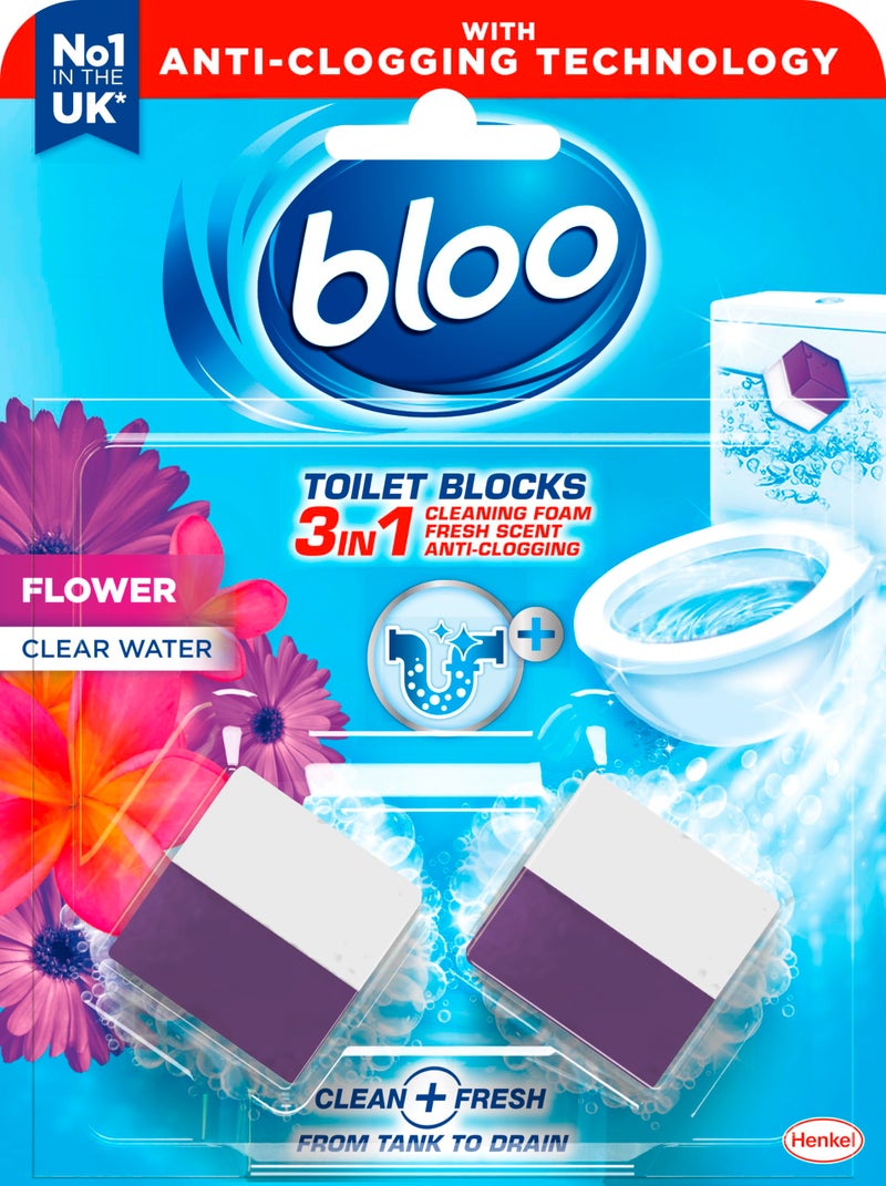 Bloo New Toilet Blocks, Pack of 2, Toilet Limescale Remover Cistern Block, Toilet Cleaner Block with Cleaning and Foaming Action, Toilet Fresheners, Flower Fragance, 2x50g - Image 1