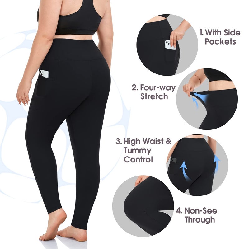 MOREFEEL Plus Size Leggings for Women with Pockets-Stretchy X-5XL Tummy Control High Waist Womens Leggings Workout Black Yoga Pants Plus Size Womens Clothing - Image 5