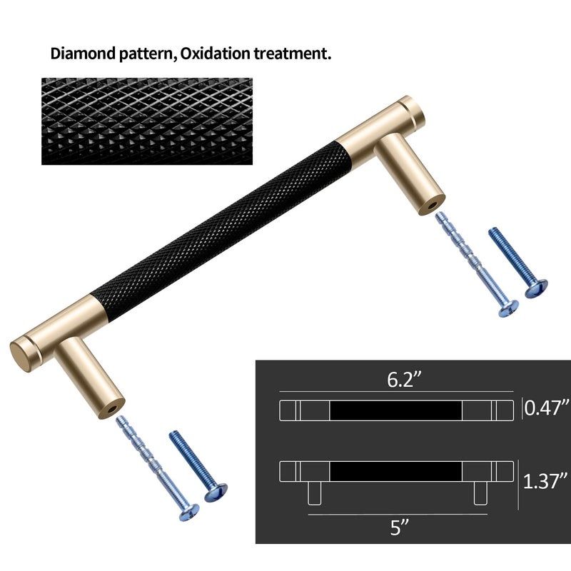 Gutuwellea 50 Pack 5 Inch 128 Mm Knurled Cabinet Handles Cabinet Pulls Aluminum Handles Knurled Drawer Pulls Gold And Black Oxidation Finish With Diamond Pattern 6.2"" Length (5"" Hole Center) - Image 4