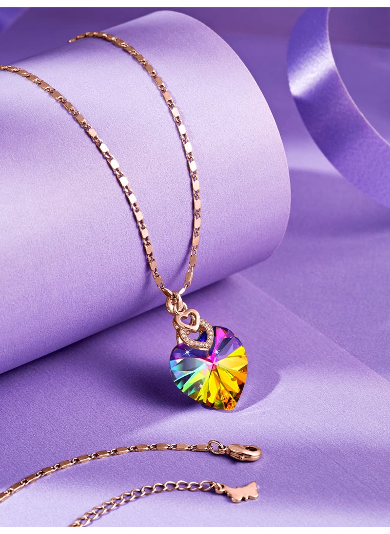 PLATO H PLATO H 3 Hearts Crystal Necklace for Women, Pendant Engraved Love You - Wedding Gifts for Her Anniversary Mother's Day Valentine’s Day Birthday - in Gift Box, Rainbow Rose Gold Plated  - Image 2