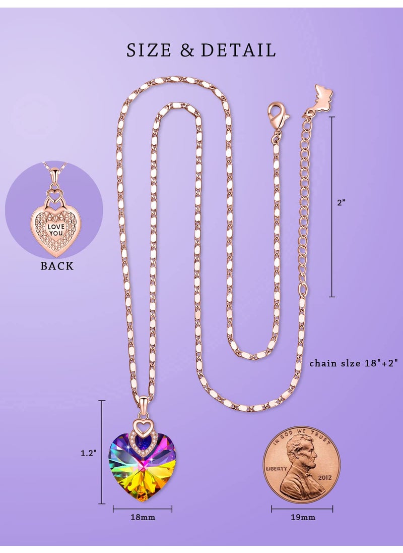 PLATO H PLATO H 3 Hearts Crystal Necklace for Women, Pendant Engraved Love You - Wedding Gifts for Her Anniversary Mother's Day Valentine’s Day Birthday - in Gift Box, Rainbow Rose Gold Plated  - Image 3