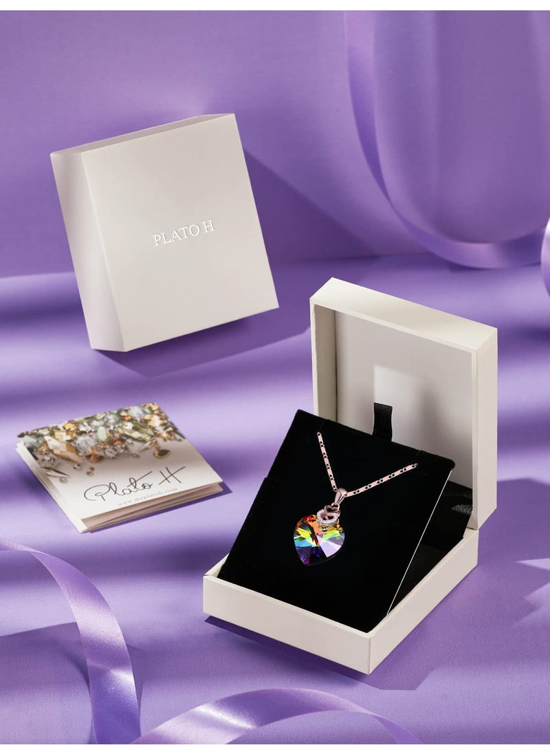 PLATO H PLATO H 3 Hearts Crystal Necklace for Women, Pendant Engraved Love You - Wedding Gifts for Her Anniversary Mother's Day Valentine’s Day Birthday - in Gift Box, Rainbow Rose Gold Plated  - Image 5