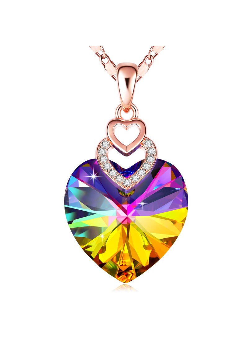 PLATO H PLATO H 3 Hearts Crystal Necklace for Women, Pendant Engraved Love You - Wedding Gifts for Her Anniversary Mother's Day Valentine’s Day Birthday - in Gift Box, Rainbow Rose Gold Plated  - Image 1