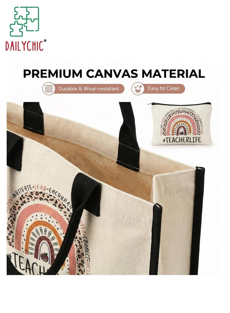 DAILYCHIC Teacher Gifts for Women Tote Bag and Makeup Bag Set, Canvas Teacher Appreciation Gift, Large Capacity Travel Tote with Cosmetic Pouch Thank You Gift Ideas for Graduation, Teachers' Day - Image 4
