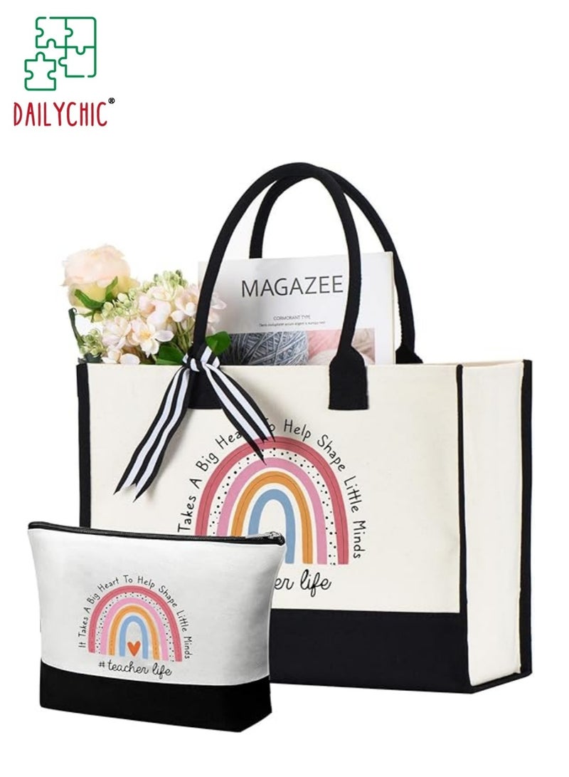 DAILYCHIC Teacher Gifts for Women Tote Bag and Makeup Bag Set, Canvas Teacher Appreciation Gift, Large Capacity Travel Tote with Cosmetic Pouch Thank You Gift Ideas for Graduation, Teachers' Day - Image 1