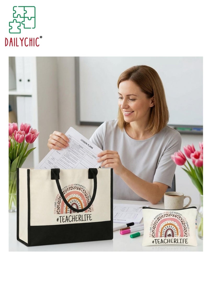 DAILYCHIC Teacher Gifts for Women Tote Bag and Makeup Bag Set, Canvas Teacher Appreciation Gift, Large Capacity Travel Tote with Cosmetic Pouch Thank You Gift Ideas for Graduation, Teachers' Day - Image 5