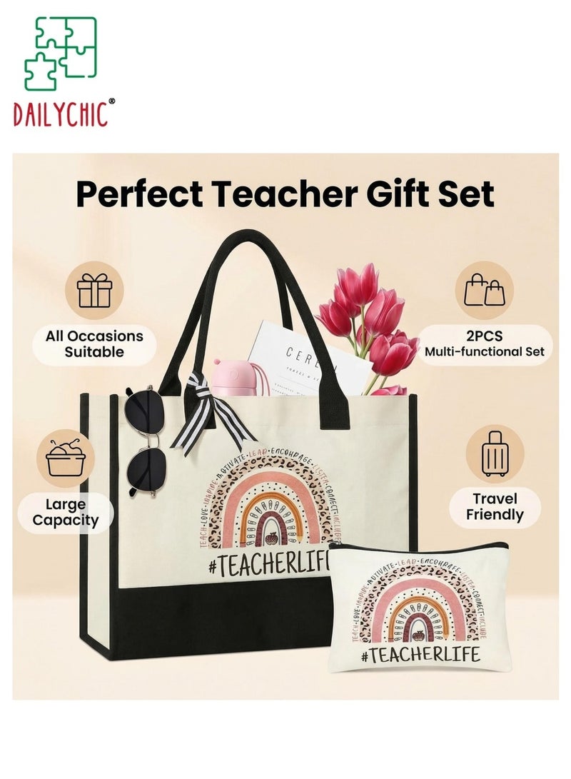 DAILYCHIC Teacher Gifts for Women Tote Bag and Makeup Bag Set, Canvas Teacher Appreciation Gift, Large Capacity Travel Tote with Cosmetic Pouch Thank You Gift Ideas for Graduation, Teachers' Day - Image 2