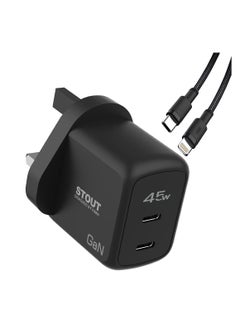 Pawa Stout Gan Travel Charger with Single PD port 45W Type C to Lightning (UK plug) - Black  - Image 1
