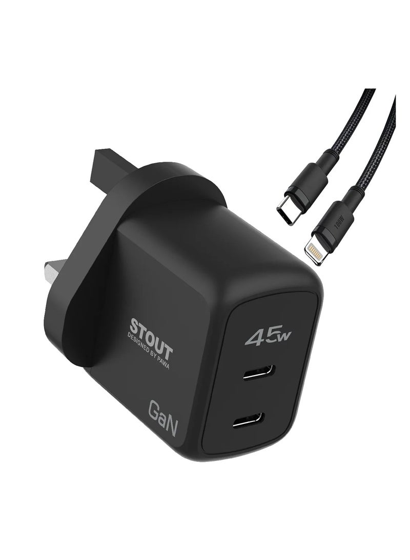 باوا شاحن سفر Stout Gan مع منفذ PD واحد بقوة 45 وات C إلى Lightning-أسود - Image 1