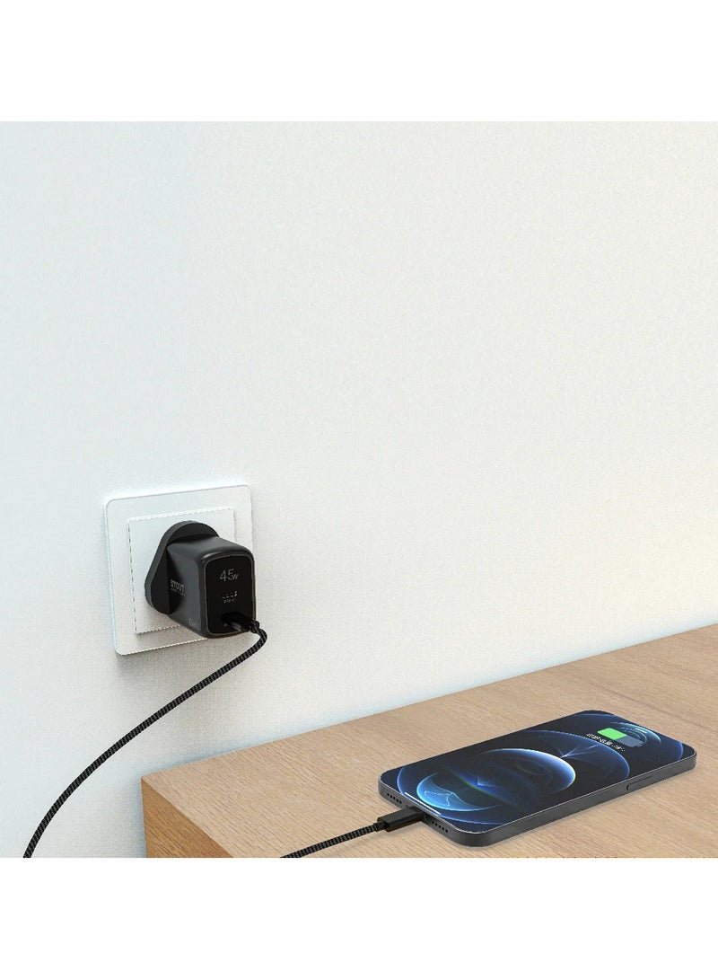 باوا شاحن سفر Stout Gan مع منفذ PD واحد بقوة 45 وات C إلى Lightning-أسود - Image 2