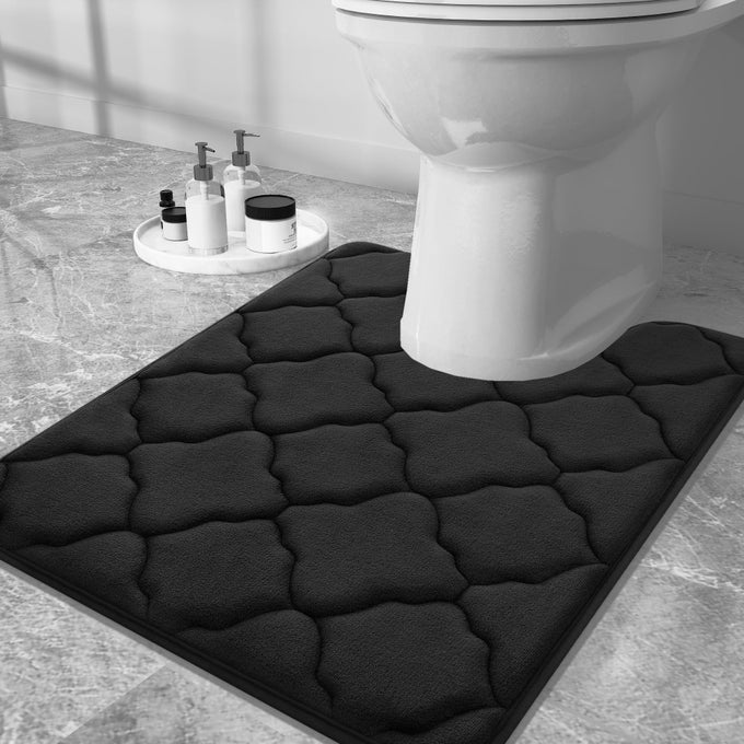 MEMORY FOAM TOILET RUGS USHAPED 24X20 ULTRA SOFT AND ABSORBENT BATHROOM RUGS NONSLIP COMFORTABLE MACHINE WASHABLE CONTOUR BATH MAT FOR TOILET BASE HOME DECOR ACCESSORIES BLACK