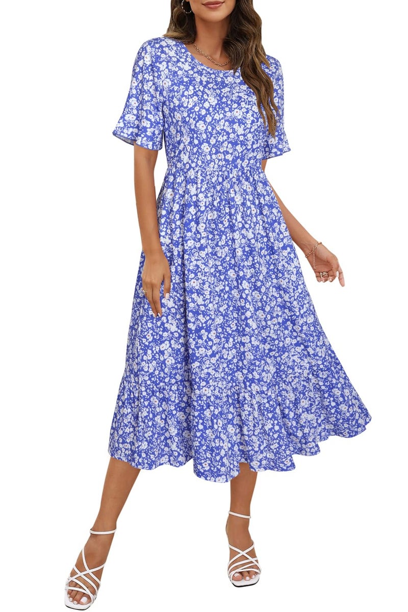 STYLEWORD Women's Summer 2026 Casual Short Sleeve Tiered Flowy Maxi Spring Dress Long Midi Beach Sundress Vacation Hawaiian Outfits(Floral26,XL) - Image 1