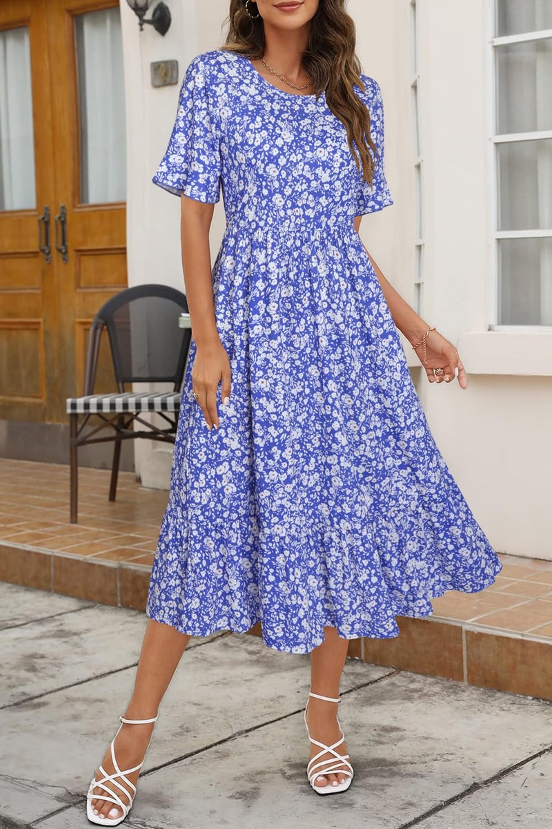 STYLEWORD Women's Summer 2026 Casual Short Sleeve Tiered Flowy Maxi Spring Dress Long Midi Beach Sundress Vacation Hawaiian Outfits(Floral26,XL) - Image 2