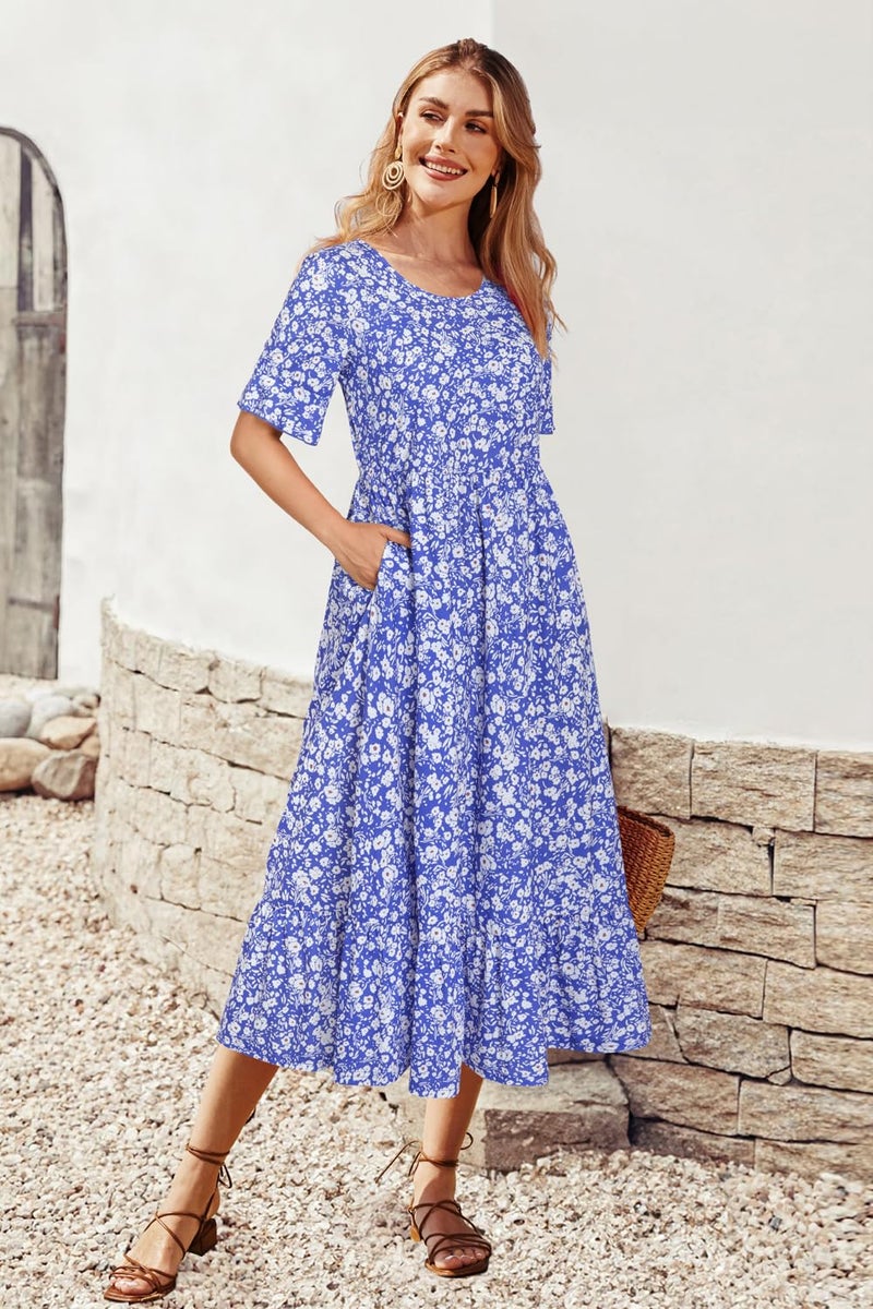 STYLEWORD Women's Summer 2026 Casual Short Sleeve Tiered Flowy Maxi Spring Dress Long Midi Beach Sundress Vacation Hawaiian Outfits(Floral26,XL) - Image 5
