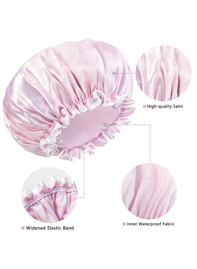 Shower Cap, Shower Cap Reusable Waterproof Washable for Women, Elastic Large Shower Cap for Long Hair, 3 Pcs Double Waterproof Layers Hat for Bath（Light pink, gold, purple）  - Image 2