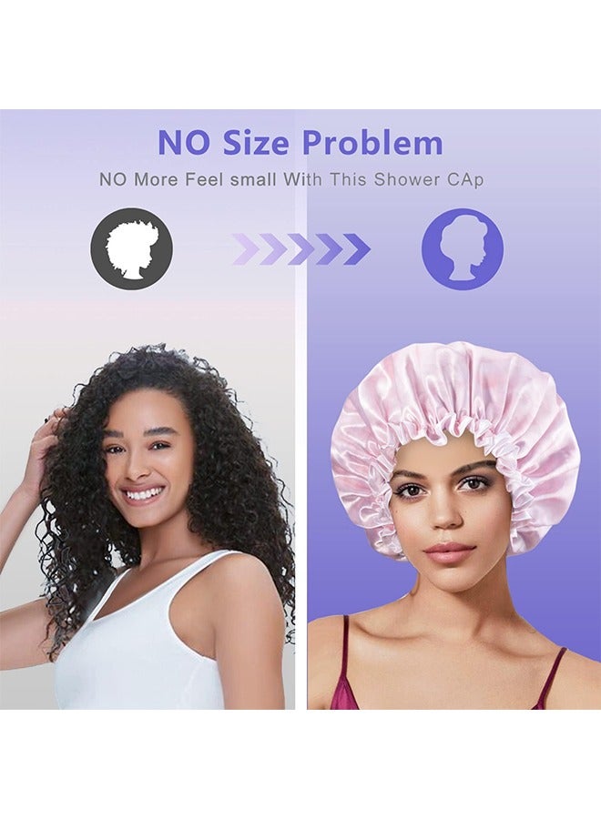 Shower Cap, Shower Cap Reusable Waterproof Washable for Women, Elastic Large Shower Cap for Long Hair, 3 Pcs Double Waterproof Layers Hat for Bath（Light pink, gold, purple）  - Image 3