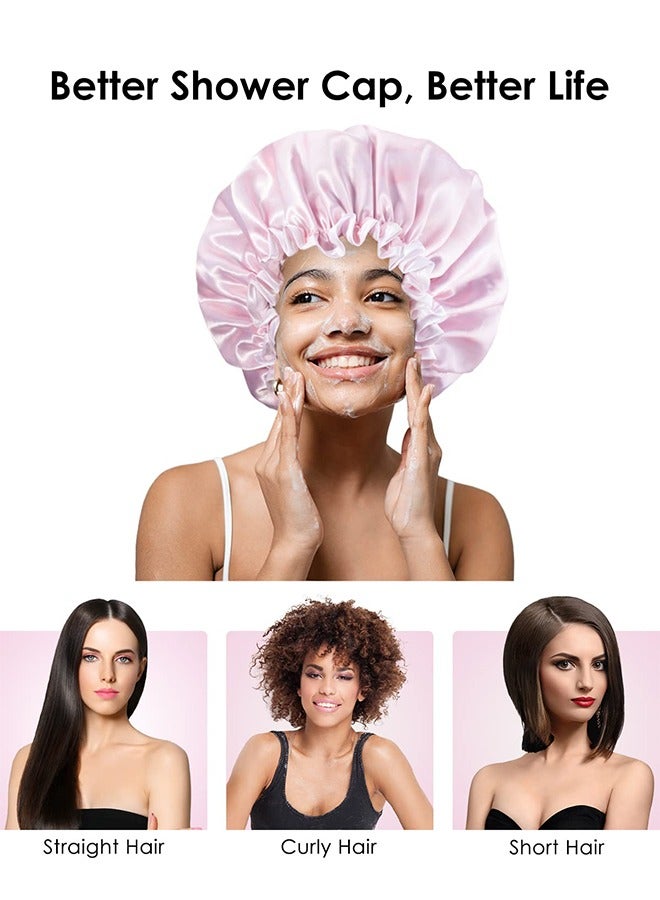 Shower Cap, Shower Cap Reusable Waterproof Washable for Women, Elastic Large Shower Cap for Long Hair, 3 Pcs Double Waterproof Layers Hat for Bath（Light pink, gold, purple）  - Image 4