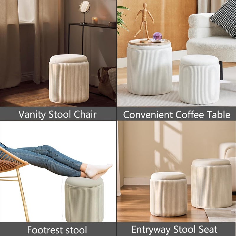 BLEXA Round Ottoman with Storage Set of 2-Upholstered Velvet Vanity Stool for MakeupMultifunctional Ottomans Coffee Table Padded Seat Foot Rest for Living Room&Bedroom(White-Upgrade Tray Lid) - Image 4