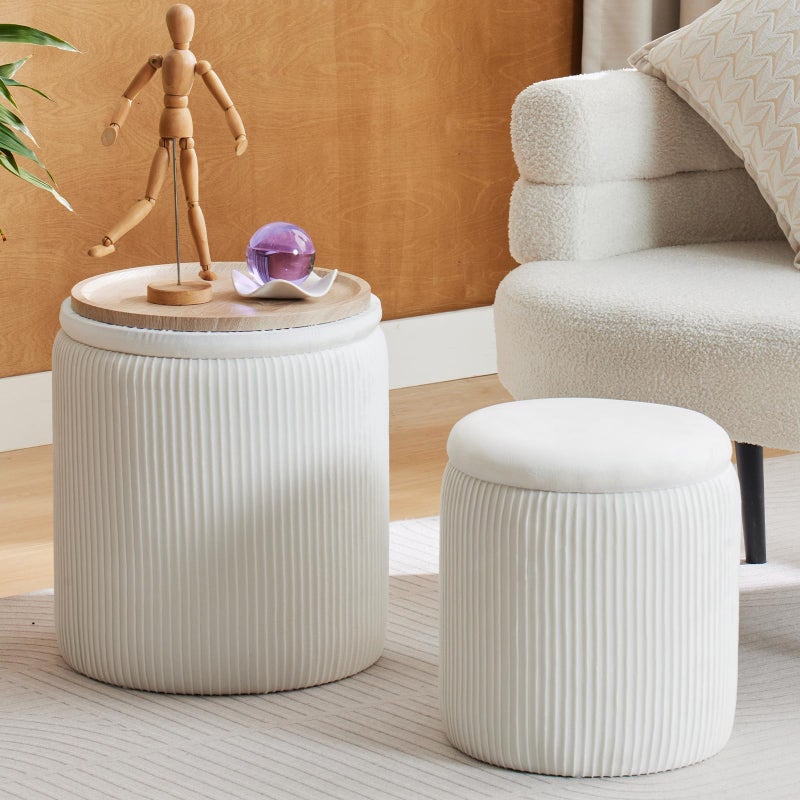BLEXA Round Ottoman with Storage Set of 2-Upholstered Velvet Vanity Stool for MakeupMultifunctional Ottomans Coffee Table Padded Seat Foot Rest for Living Room&Bedroom(White-Upgrade Tray Lid) - Image 1